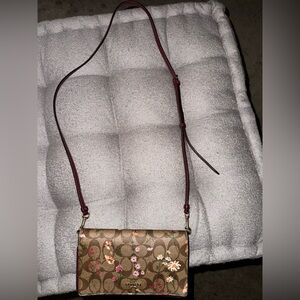 Coach Brown Signature Floral Crossbody with Burgundy Strap